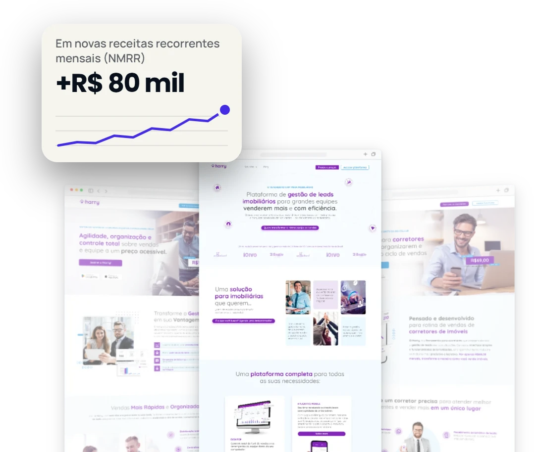 Três landing pages do Harry em janelas de navegador e cartão com +R$ 80 mil em novas receitas recorrentes mensais (NMRR)
