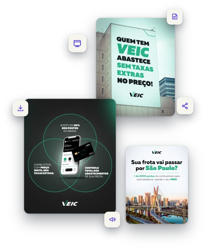 Posts da VEIC nas redes sociais: app e cartão VEIC, painel "Quem tem VEIC abastece sem taxas extras" e frota em São Paulo